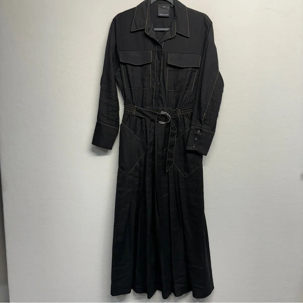 C/MEO COLLECTIVE Explanatory Belted Midi Dress Long Sleeve‎ Black M Pockets